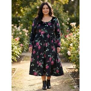 VTG 90s Jamie Brooke Dark Floral Crushed Velvet Midi Dress Sz 16 Whimsigoth Y2K